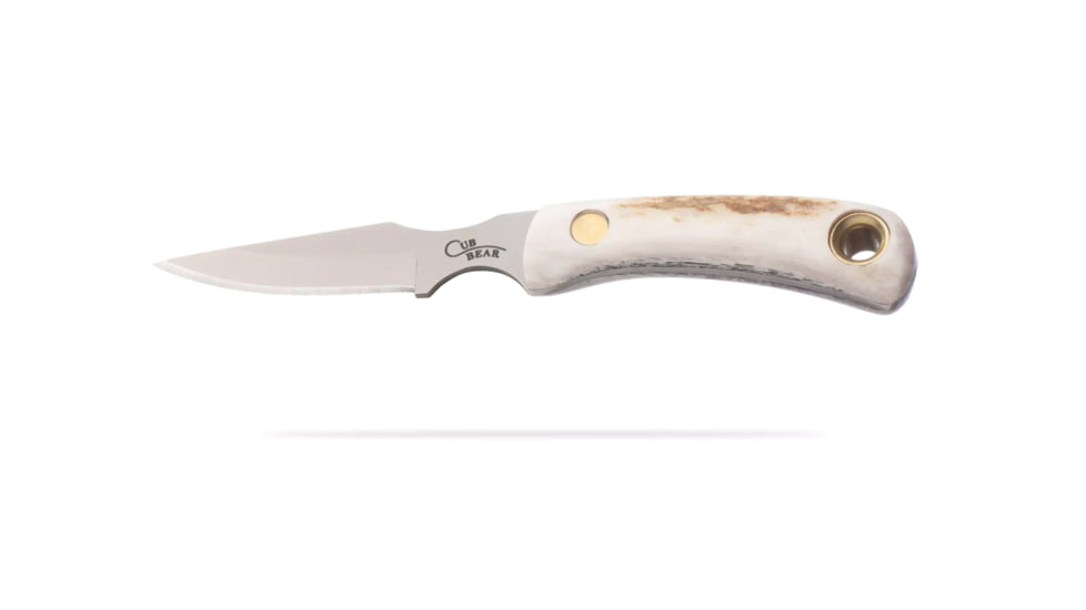 Knives of Alaska Cub Bear Fixed Blade Knife, 2.75in, CPM MagnaCut Stainless Steel, Caping Blade, Stag, Brown And White Sculpted Bone Handle, 00024FG