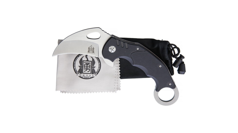 Komoran Karambit Linerlock Folding Knife, 2.63in SS Karambit Blade, Black Finger Grooved G10 Handle, Finger Ring, Thumb Pull, Pocket Clip, Stonewash And Satin Blade, QRFEB02 / KO019