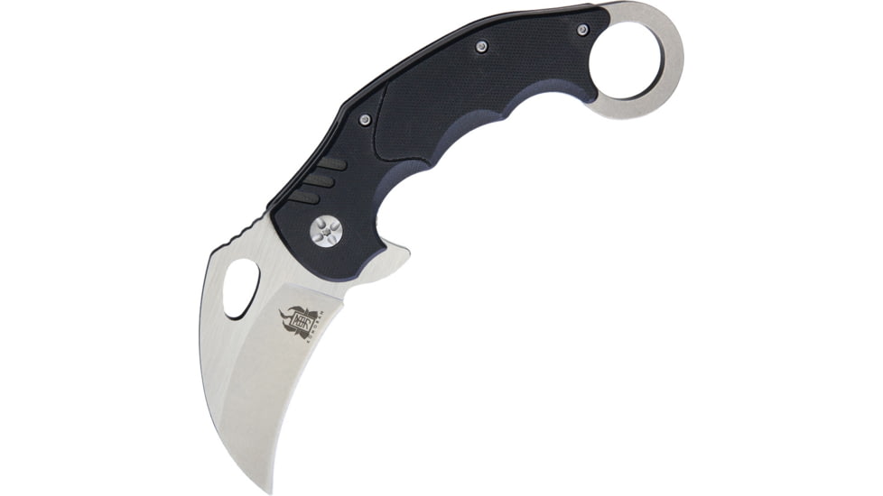 Komoran Karambit Linerlock Folding Knife, 2.63in SS Karambit Blade, Black Finger Grooved G10 Handle, Finger Ring, Thumb Pull, Pocket Clip, Stonewash And Satin Blade, QRFEB02 / KO019