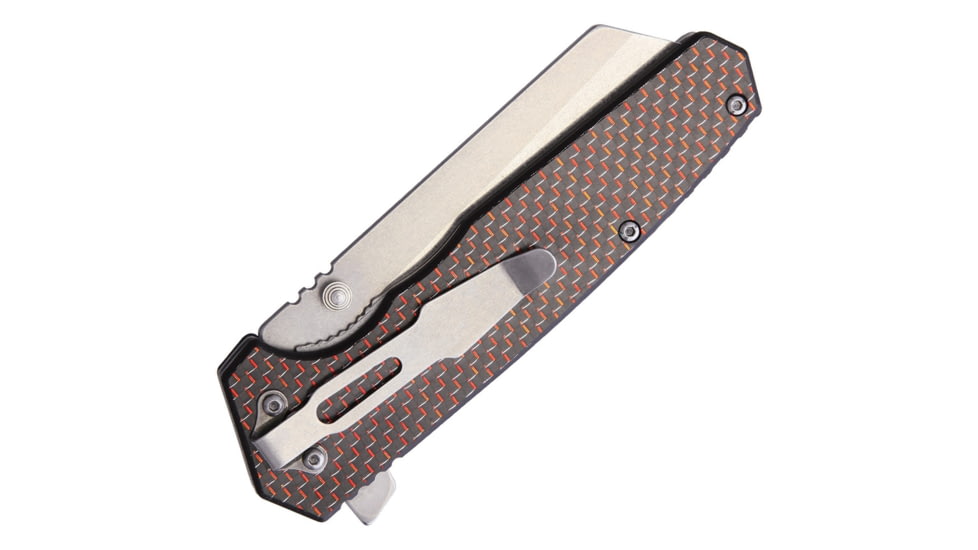 Komoran Linerlock Red Carbon Fiber Folding Knife, 3.5in Stonewash SS Blade, Black G10 Handle With Black/Red Carbon Fiber Onlay, Thumb Stud, Pocket Clip, QRFEB01 / KO021