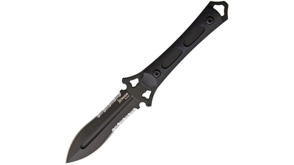 Krudo MANIKOMIO Knife, 11in Overall, 5in Black Partially Serrated 9Cr18Mov SS Blade, Black G10 Handle, Double Edge Blade, Black Kydex Sheath, KMAN910