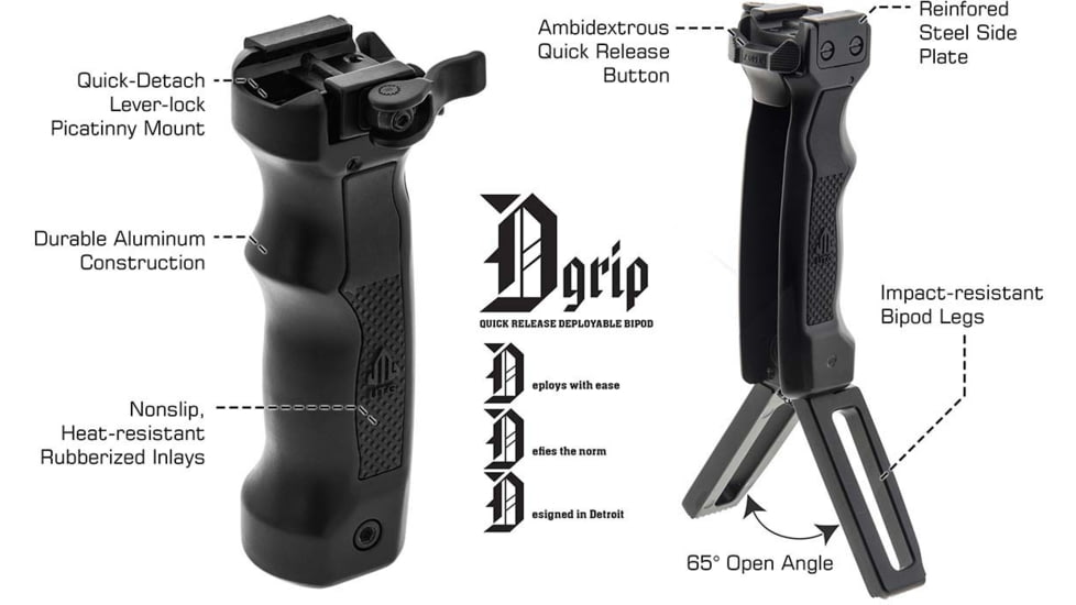 Leapers UTG D Grip with Ambidextrous Quick Release Deployable Bipod, Black, MNT-DG02Q