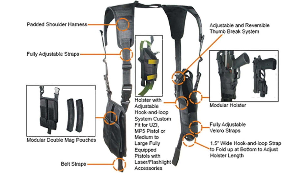 Leapers UTG Law Enforcement Vertical Shoulder Holster, Heckler &amp; Koch MP5/Uzi Submachine Gun, Ambidextrous, Black, PVC-H175B