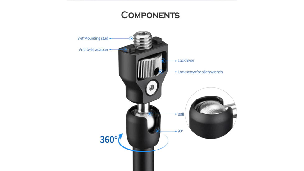 Leofoto AM-5 Kit Versa Magic Arm Heavy-Duty w/Anti-Twist Adapter, 1/4th Mounting Screws, Black, AM-5-KIT