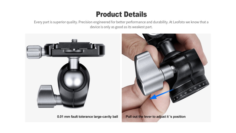 Leofoto LH-22 Mini Ball Head &amp; QR Plate - 1/4, Arca, Black, LH-22