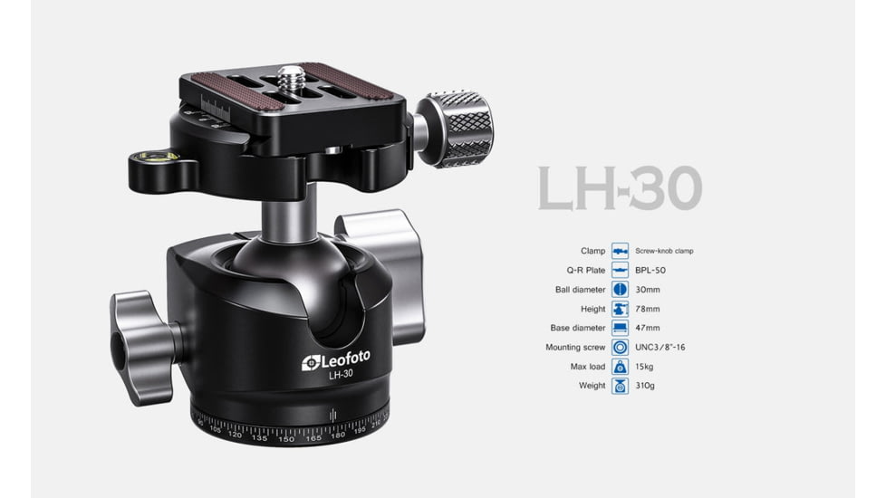 Leofoto LH-30 Low Profile Ball Head &amp; QR Plate. Arca, Black, LH-30