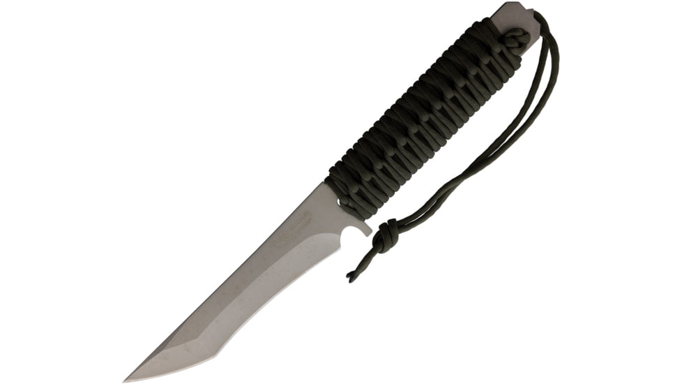Linton Cutlery 12.5in Cord Wrapped Fixed Blade Knife, 12.5in Overall, 6in Satin Stainless Blade, OD Green Cord Wrapped Handle. Glass breaker, No Sheath, L97059A