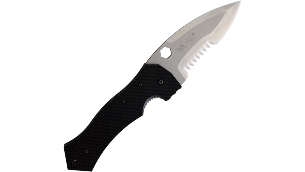 Linton Cutlery Large Tactical Serrated Folding Knife, 6in Closed, 4.5in Partially Serrated Stainless Blade, Black Textured G10 Handle, L92017124
