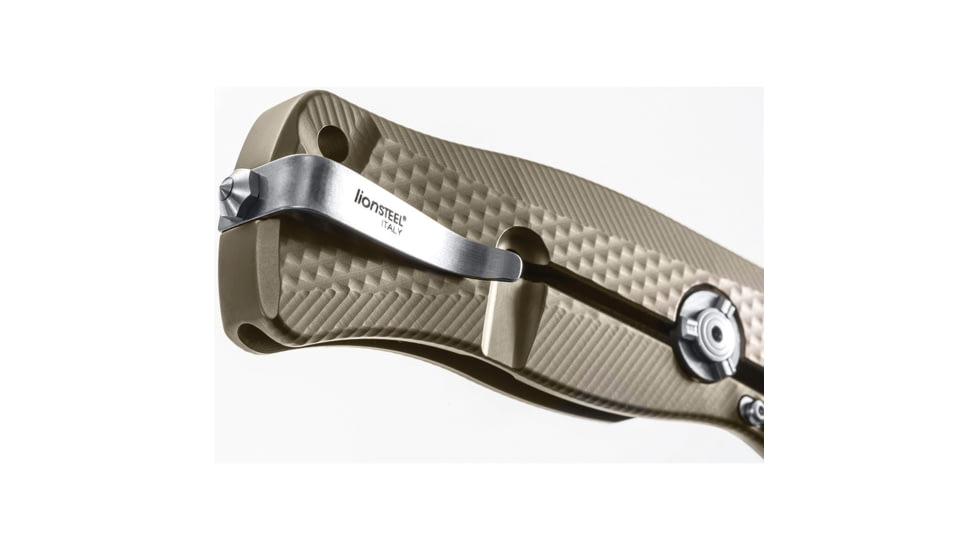 Lionsteel SR11 Framelock Tiium Bronze Folding Knife, 3.75in Satin Sleipner Tool Steel Drop Point, Brown Textured Titanium Handle, Glass Breaker, Pocket Clip, Black Leather Sheath, SR11 B