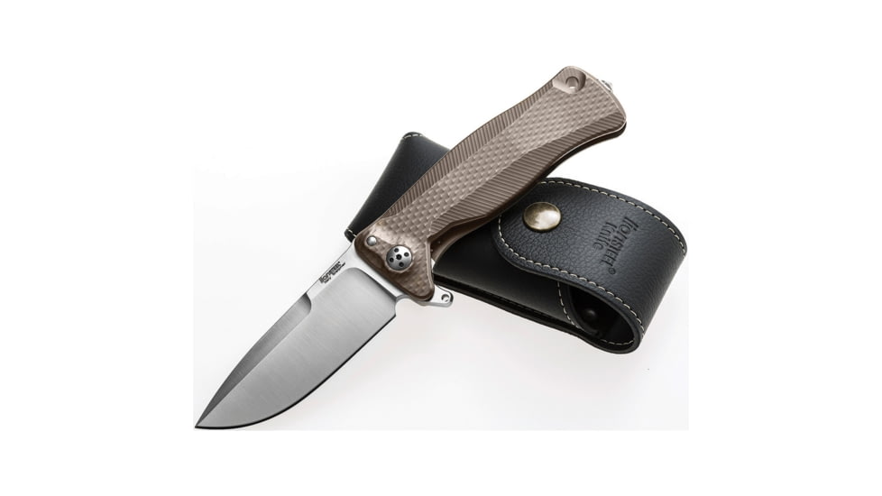 Lionsteel SR11 Framelock Tiium Bronze Folding Knife, 3.75in Satin Sleipner Tool Steel Drop Point, Brown Textured Titanium Handle, Glass Breaker, Pocket Clip, Black Leather Sheath, SR11 B