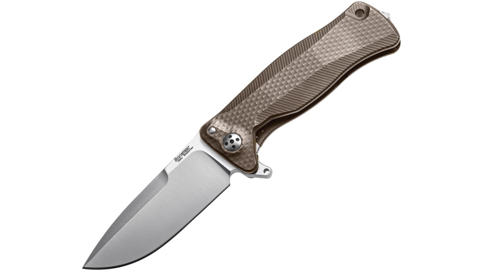 Lionsteel SR11 Framelock Tiium Bronze Folding Knife, 3.75in Satin Sleipner Tool Steel Drop Point, Brown Textured Titanium Handle, Glass Breaker, Pocket Clip, Black Leather Sheath, SR11 B