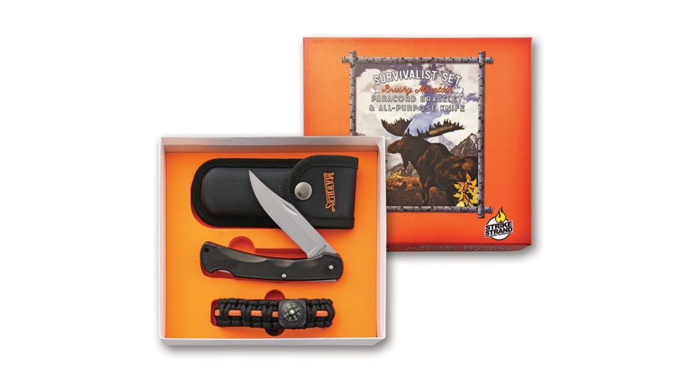 Marbles Brushy Mountian Survival Folding Knive Set, Lockback, Closed 5in, Blade 3.75in L SS L Standard Edge L Matte Finish, Handle Black L Plastic, Black Nylon Sheath, MR395