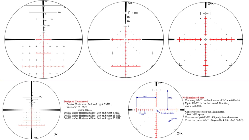 March Scopes Normal Turrets 3-24x52mm Rifle Scope, 30mm Tube, First Focal Plane, FML-MB Reticle, MIL, Black, D24V52FIMLNFML-MB Reticle