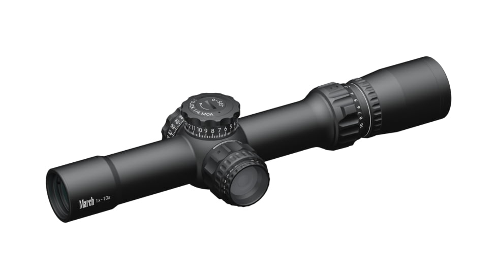 March Scopes Tactical Turret 1-10x24mm Rifle Scopes, 30mm Tube, Second Focal Plane, Black, D10V24TIFD-1 Reticle