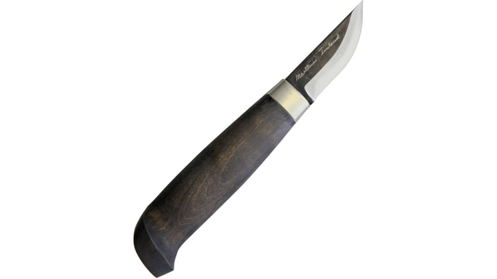 Marttiini Snappy Fixed Blade Knife, 6.75in Overall, 2.13in Two-Tone Finish Carbon Steel Blade, Curly Birch Handle, Waxed Handle, Black Leather Belt Sheath, Boxed With Hanging Tab, 511020