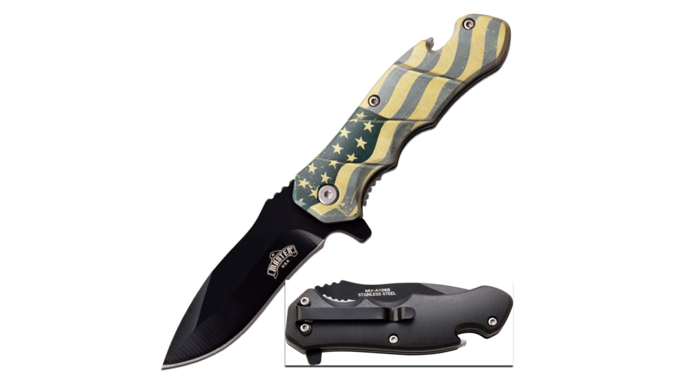 Master USA Drop Point Spring Assisted Knife, 3.25 in, 3Cr13 Stainless Steel Stainless Steel, Yellow Flag, MU-A109B
