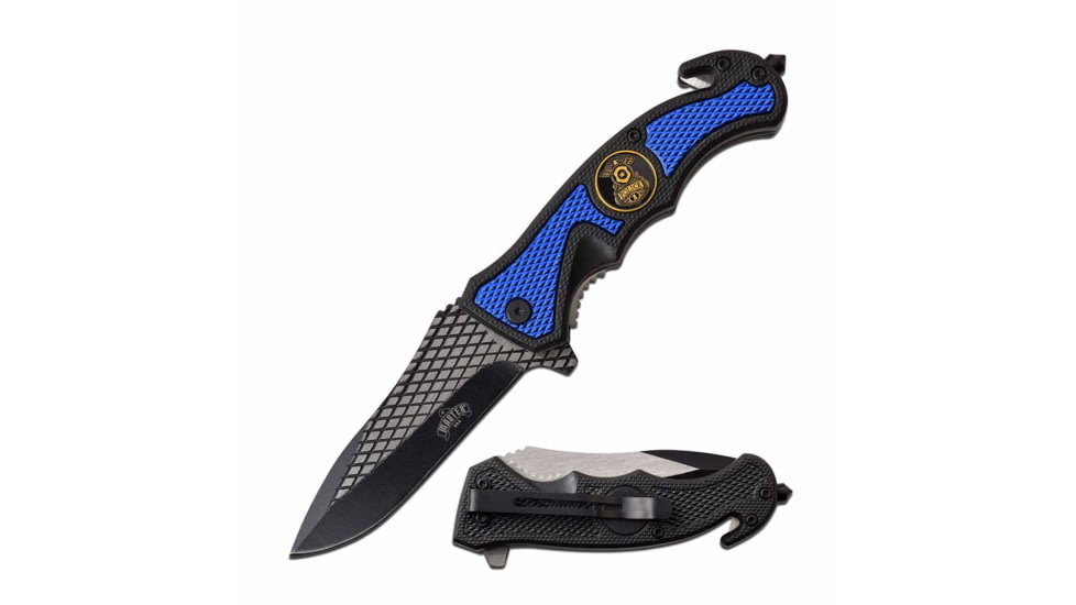 Master USA MU-A069BL Spring Assisted Knife, 3.5in, 3CR13 Stainless Steel, Spear Point, Black Blade, Injection Molded/Aluminum Handle, Blue/Black, MU-A069BL