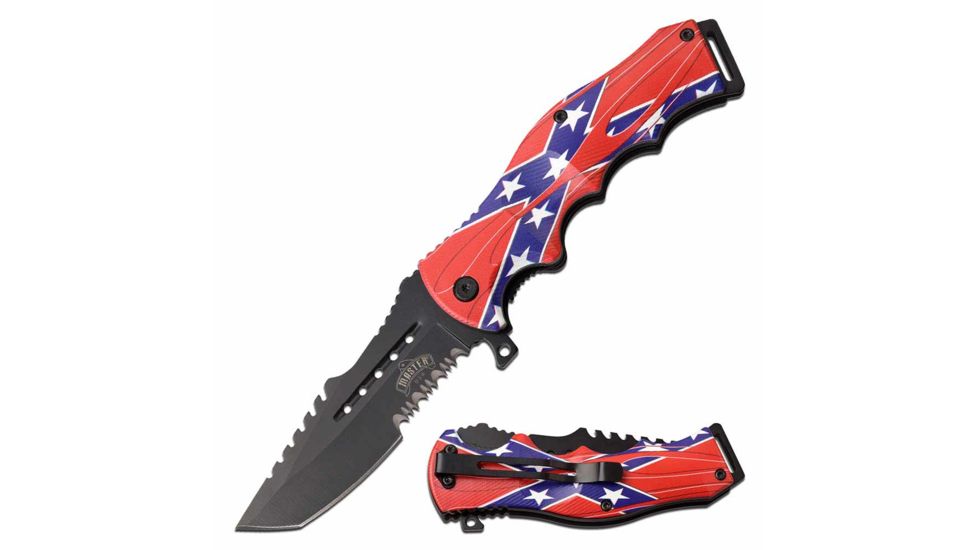 Master USA MU-A102C Spring Assisted Knife, 3.75in, 3CR13 Stainless Steel, Modified Tanto, Black Blade, Injection Molded Handle w/ Confederate Flag Design, -, MU-A102C
