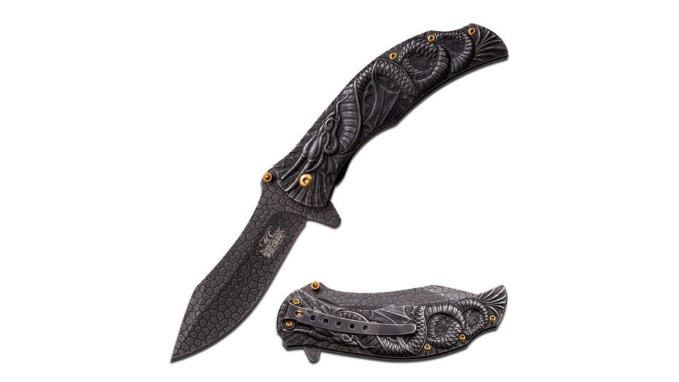 MC Masters Collection Folding Blade, 3.75in, Stainless Steel Blade, Dragon Sculpture Stonewashed Black Stainless Steel Handle MC-A014SW