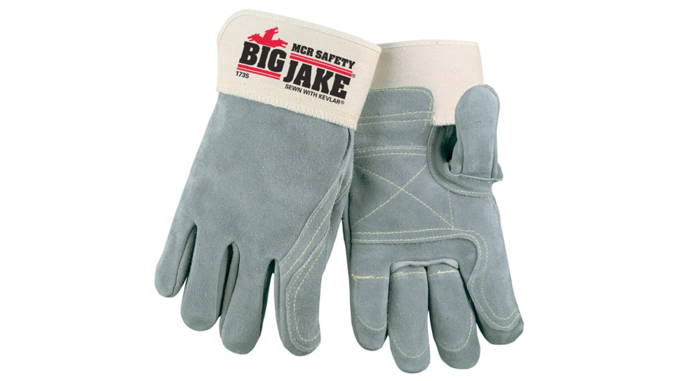 MCR Safety Big Jake Full Leather Back Premium A+ Side Leather Palm Work Gloves, 2.75in Safety Cuff, Double Palm and Fingers, Sewn with DuPont Kevlar, Gray, Large, 1735L