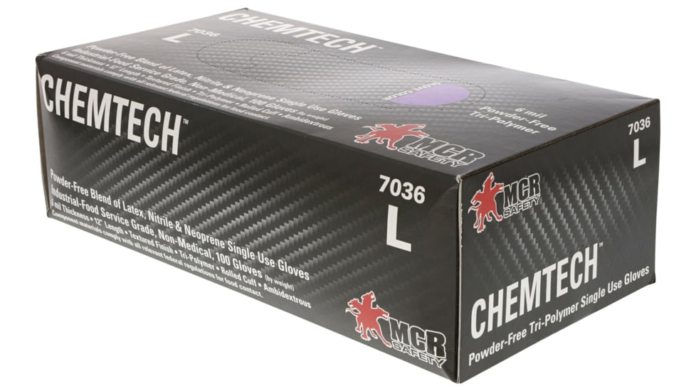 MCR Safety ChemTech Tri-Polymer Blended Disposable Gloves, Powder Free Industrial Food Service Grade, Nitrile Neoprene and Latex Polymers, 12in Length, 6 mil Thickness, Lilac, X - Large, 7036XL