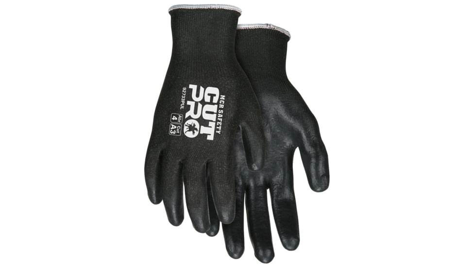 MCR Safety Cut Pro 13 Gauge HyperMax Shell, Cut, Abrasion and Puncture Resistant Work Gloves, PU Coated Palm and Fingertips, Black, Small, 92733PUS