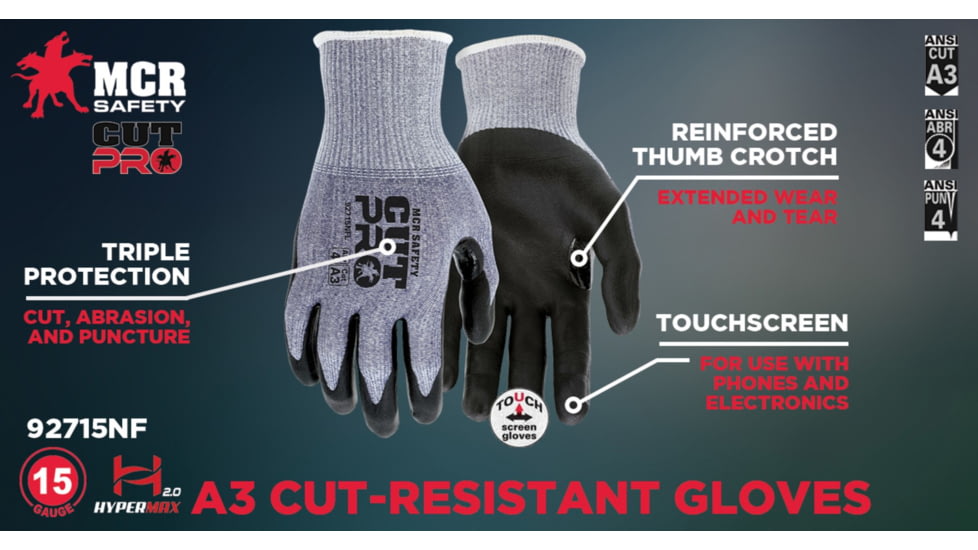 MCR Safety Cut Pro 15 Gauge Hypermax Shell Cut, Abrasion and Puncture Resistant Work Gloves, Nitrile Foam Coated Palm and Fingertips, Black/Blue, Medium, 92715NFM