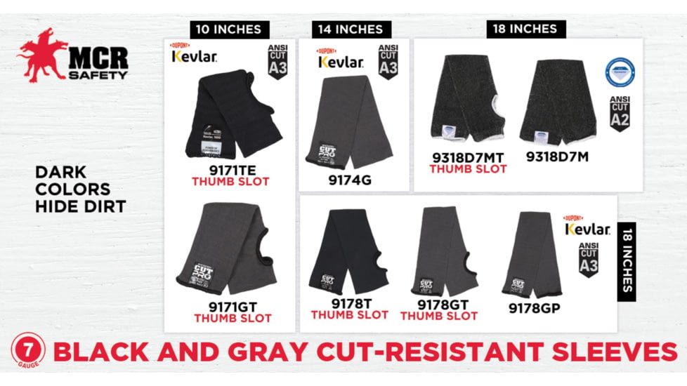 MCR Safety Cut Pro Double Ply DuPont Kevlar Black Sleeves w/Thumb Slot - Mens, 10 x 2 1/4in, 9171TE