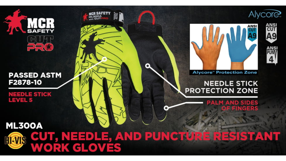 MCR Safety Cut Pro Mechanics Cut and Puncture Resistant Work Gloves, Synthetic Leather Palm and Fingers, Palm Lined with Alycore, Black/Hi-Vis Lime, Medium, ML300AM