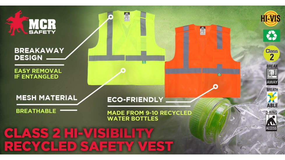 MCR Safety Hi Vis Reflective Safety Vest, ANSI Type R Class 2, Mesh with 2in Silver Stripes, Five Point Break Away Design, Fluorescent Lime, XL, RXCL2MLXL