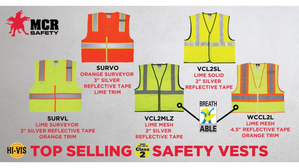 MCR Safety Hi Vis Reflective Safety Vest, ANSI Type R Class 2, Solid with 2in Silver Stripes, Hook and Loop Front Closure, Fluorescent Lime, 2X, VCL2SLX2