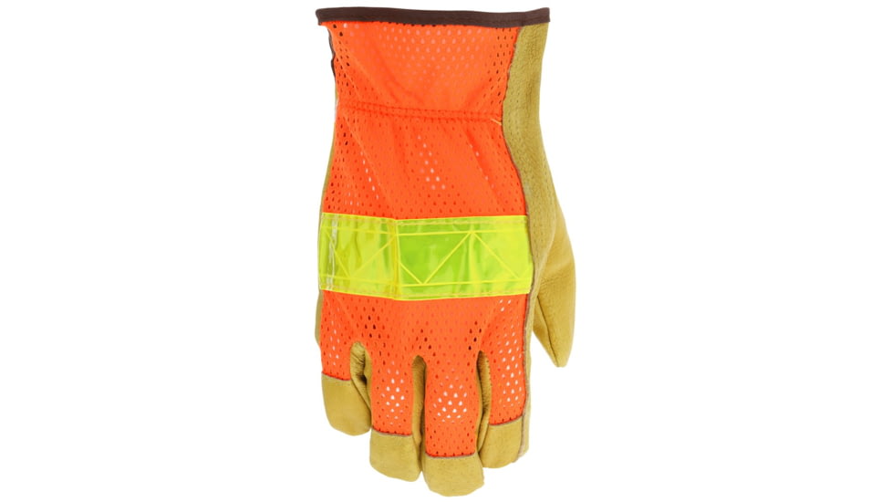 MCR Safety Luminator Hi-Vis Leather Drivers Work Gloves, Premium Grade Grain Pigskin with Mesh Back, Reflective Stripe, Beige, Large, 34111L