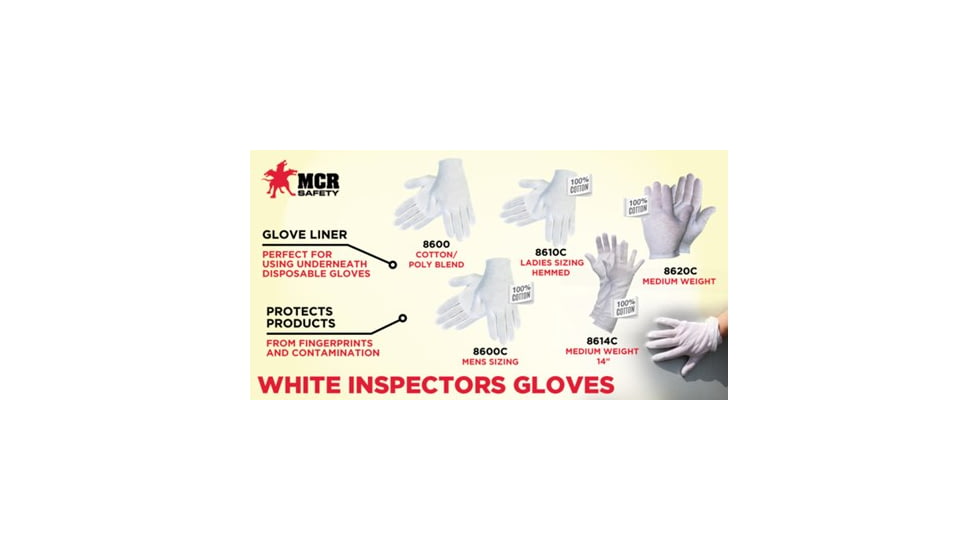 MCR Safety Medium Weight 100% Cotton Lisle Inspectors Gloves, Large, White, Straight Thumb, Ambidextrous, 8620C