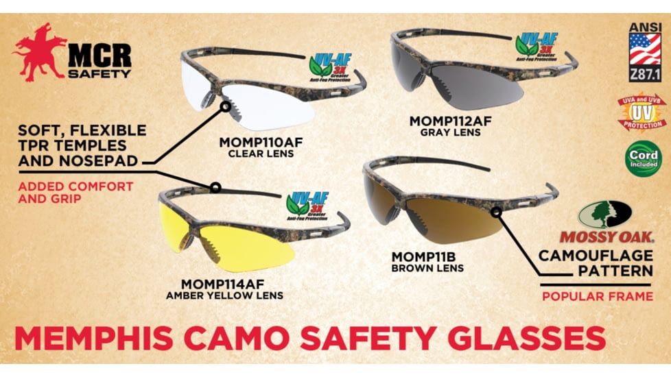 MCR Safety Memphis Series Mossy Oak Camo Safety Glasses, UV-AF Anti-Fog Coating, Wrap Around Lens Design, Amber, One Size, MOMP114AF