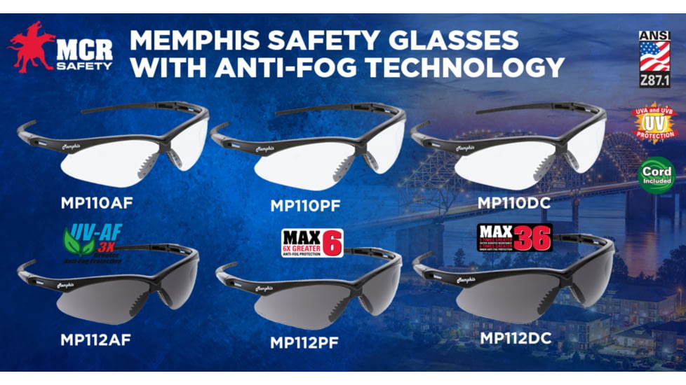 MCR Safety Memphis Series Safety Glasses, MAX6 Anti-Fog Coating, Wrap Around Lens Design, Clear, One Size, MP110DC