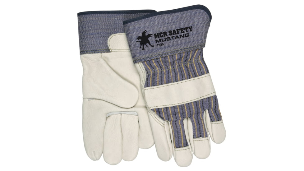 MCR Safety Mustang Premium Grain Leather Palm Work Gloves, 2.5in Rubberized Safety Cuff, Beige, Medium, 1935M