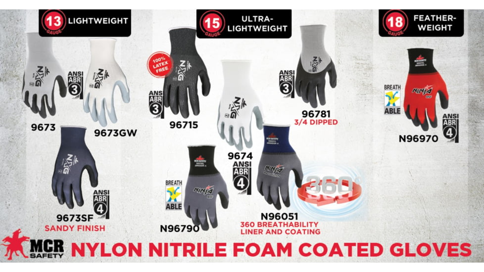 MCR Safety Ninja BNF Work Gloves, 15 Gauge Nylon/Spandex Shell, NFT Coated Palm and Fingertips, Black/Gray, X - Large, N96790XL