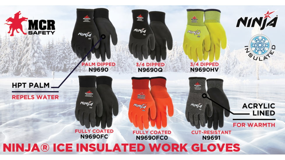 MCR Safety Ninja Ice Insulated Work Gloves, 15 Gauge Nylon with Acrylic Terry Interior, Black, X - Large, N9690XL
