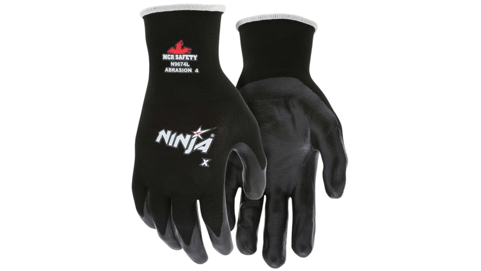 MCR Safety Ninja X Work Gloves, 15 Gauge Nylon/Lycra Blended Shell, Bi-Polymer Coated Palm and Fingertips, Black, Small, N9674S