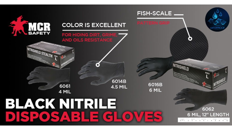 MCR Safety NitriShield Stealth Disposable Nitrile Gloves, Powder Free Industrial Food Service Grade, 12in Length, 6 mil Thickness, Black, Medium, 6062M