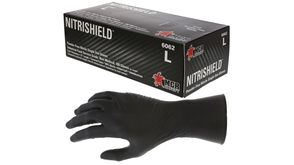 MCR Safety NitriShield Stealth Disposable Nitrile Gloves, Powder Free Industrial Food Service Grade, 12in Length, 6 mil Thickness, Black, Medium, 6062M