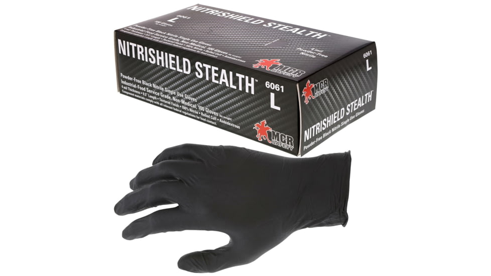 MCR Safety NitriShield Stealth Disposable Nitrile Gloves, Powder Free Industrial Food Service Grade, 9.5in Length, 4 mil Thickness, Black, X - Large, 6061XL
