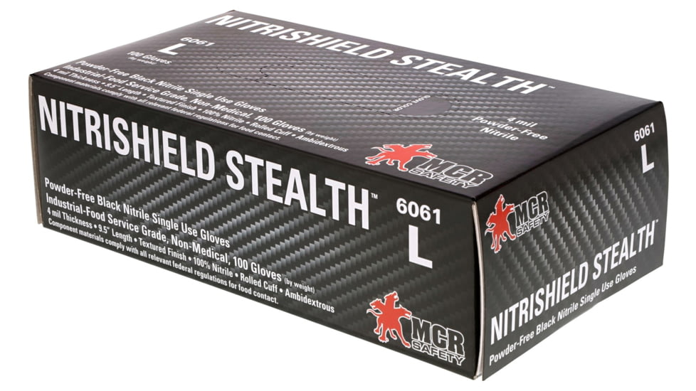 MCR Safety NitriShield Stealth Disposable Nitrile Gloves, Powder Free Industrial Food Service Grade, 9.5in Length, 4 mil Thickness, Black, X - Large, 6061XL