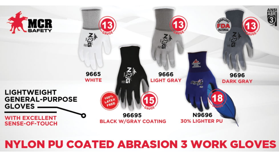 MCR Safety NXG Work Gloves, 13 Gauge Nylon Shell, PU Palm and Fingertips, White, X - Small, 9665XS