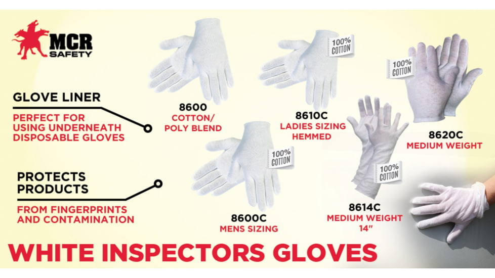 MCR Safety Polyester/Cotton Lisle Inspectors Gloves - Mens, Large, White, Straight Thumb, Ambidextrous, 8600