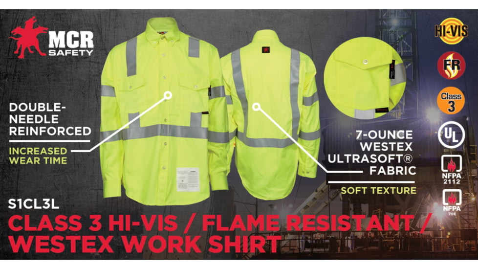 MCR Safety S1CL3LXL Flame Resistant Work Shirt, Class 3 Hi-Visibility Protection, 2in Silver FR Reflective Stripes, Fluorescent Lime, XL, S1CL3LXL