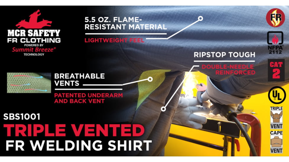 MCR Safety Summit Breeze Flame Resistant Shirt, 5.5oz Inherent Blend, Long Sleeve with Vented Underarms and Back, CAT 2, Gray, S, SBS1001S