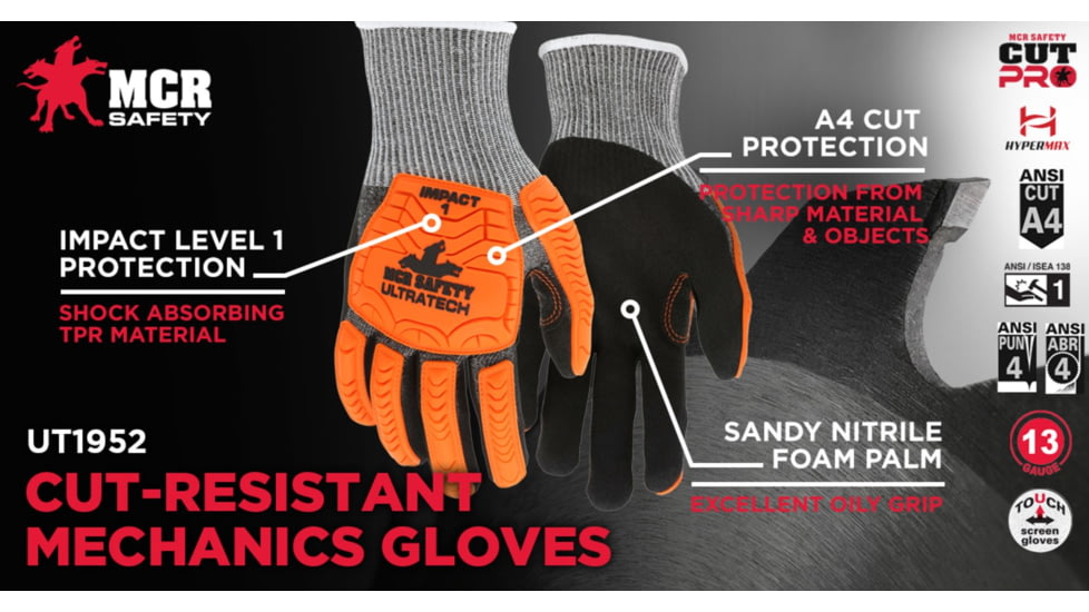 MCR Safety UltraTech Mechanics Gloves, Cut Pro 13 Gauge HyperMax Shell with Sandy Nitrile Foam Palm and Fingertips, Black/Salt and Pepper, Large, UT1952L