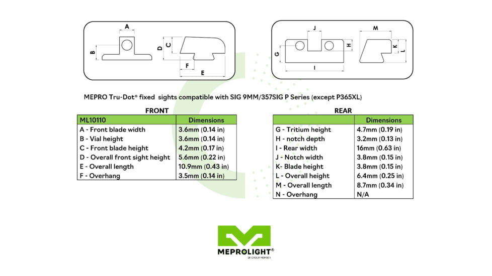 Meprolight Sig Sauer Tru-Dot Night Sight, 9mm and .357 Sig P Series, Green, ML10110G, 101103101