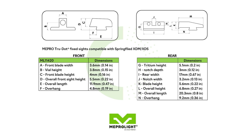 Meprolight Tru-Dot Night Sights, Green, Springfield XDM 4-5in, 114203101